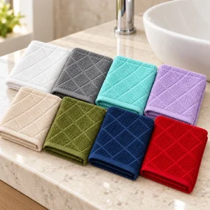 Eight folded face washers in white, Griffin Grey, aqua, orchid, macadamia, olive, blue and red beside a bathroom basin